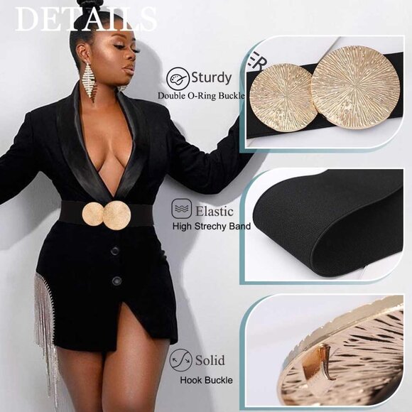Wide Elastic Waist Belt for Women Thick Dresses with Gold Buckle Black - Picture 3 of 6